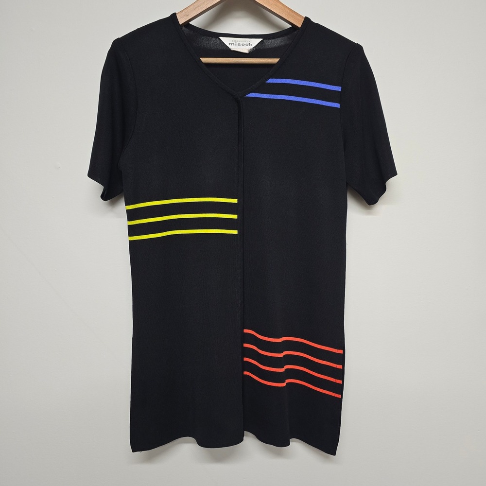 Exclusively Misook Knit Top Womens Small Black Multi Stripe V-Neck Short Sleeve